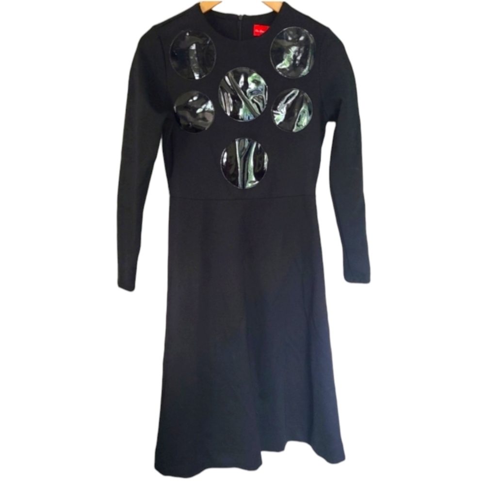 The Lines In Between Black Long Sleeve Knit Polka Dot Vinyl Appliques Dress XS